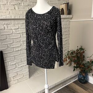 Haggar Black Long Sleeve Scoop Neck Top with White Dot Pattern Size Medium